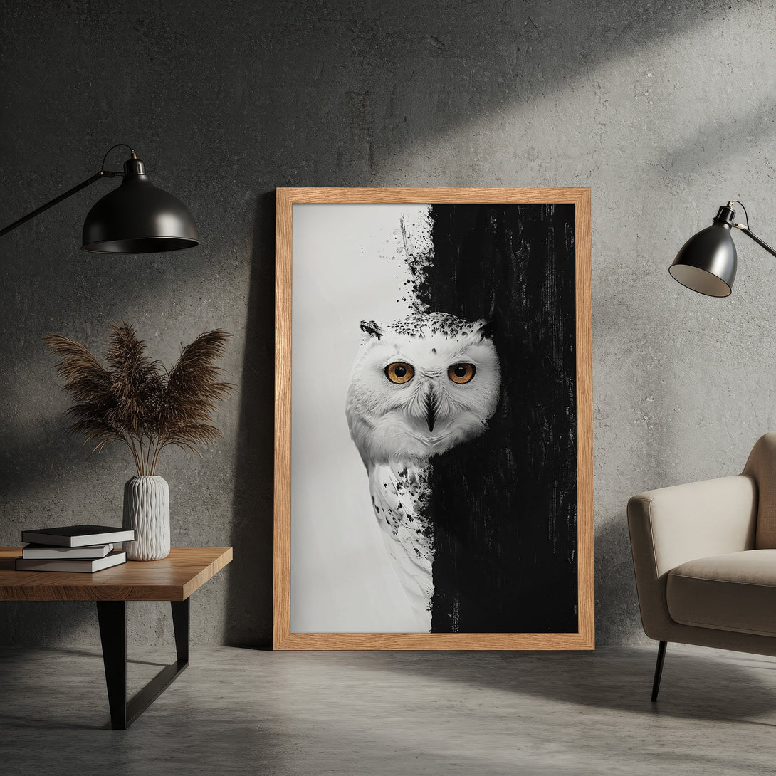 Framed Poster featuring a striking owl in a black and white abstract style. Modern art print with a minimalist color palette. Perfect wall decor!