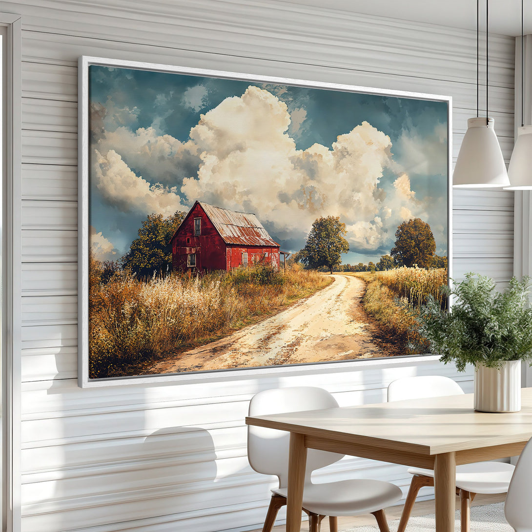 Framed Wall Art: Rustic barn landscape canvas print in warm earth tones with a dramatic sky. Perfect for farmhouse decor and adding a touch of nature.