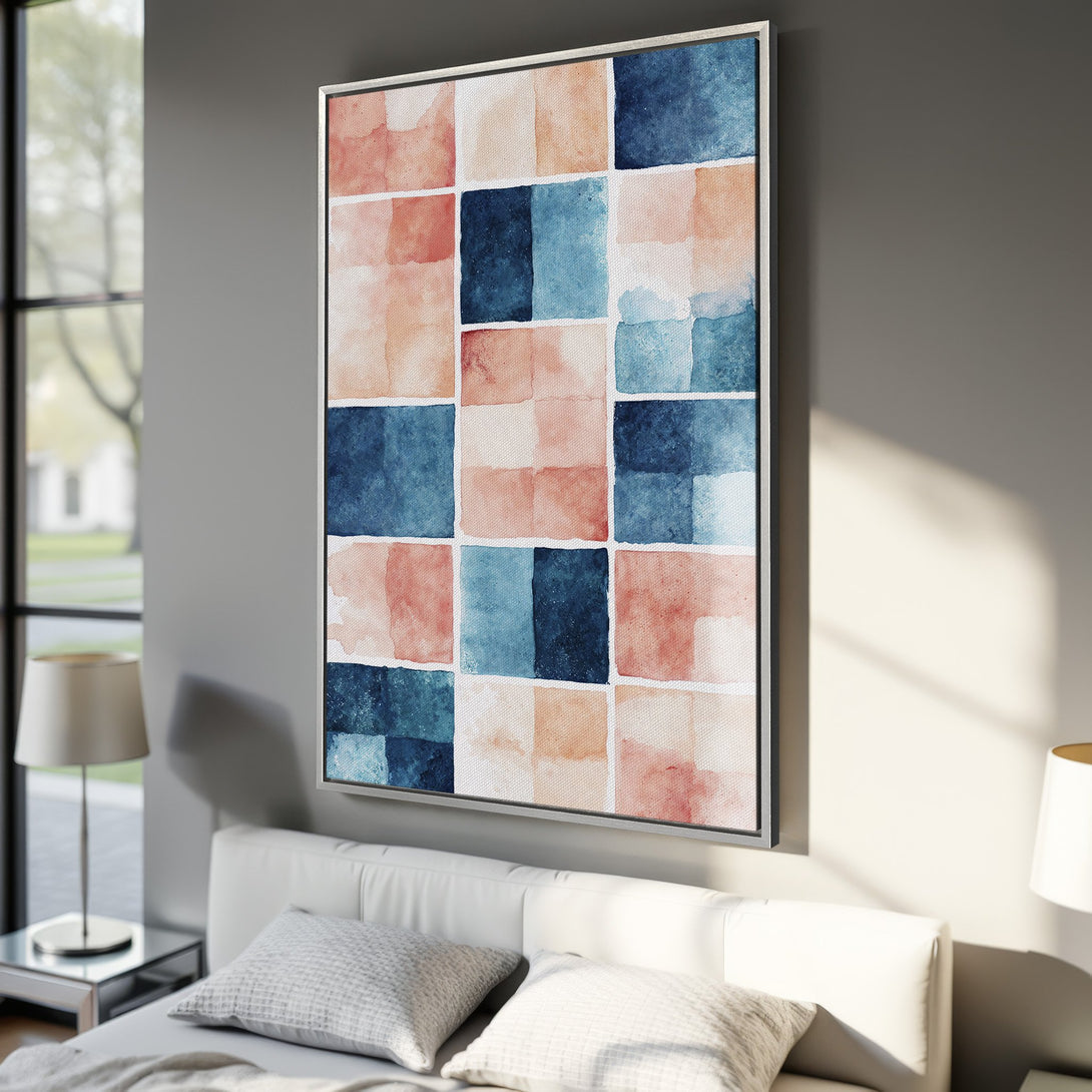 Framed Wall Art: Abstract watercolor canvas print in blue, peach, and white. Modern art for bedroom decor.