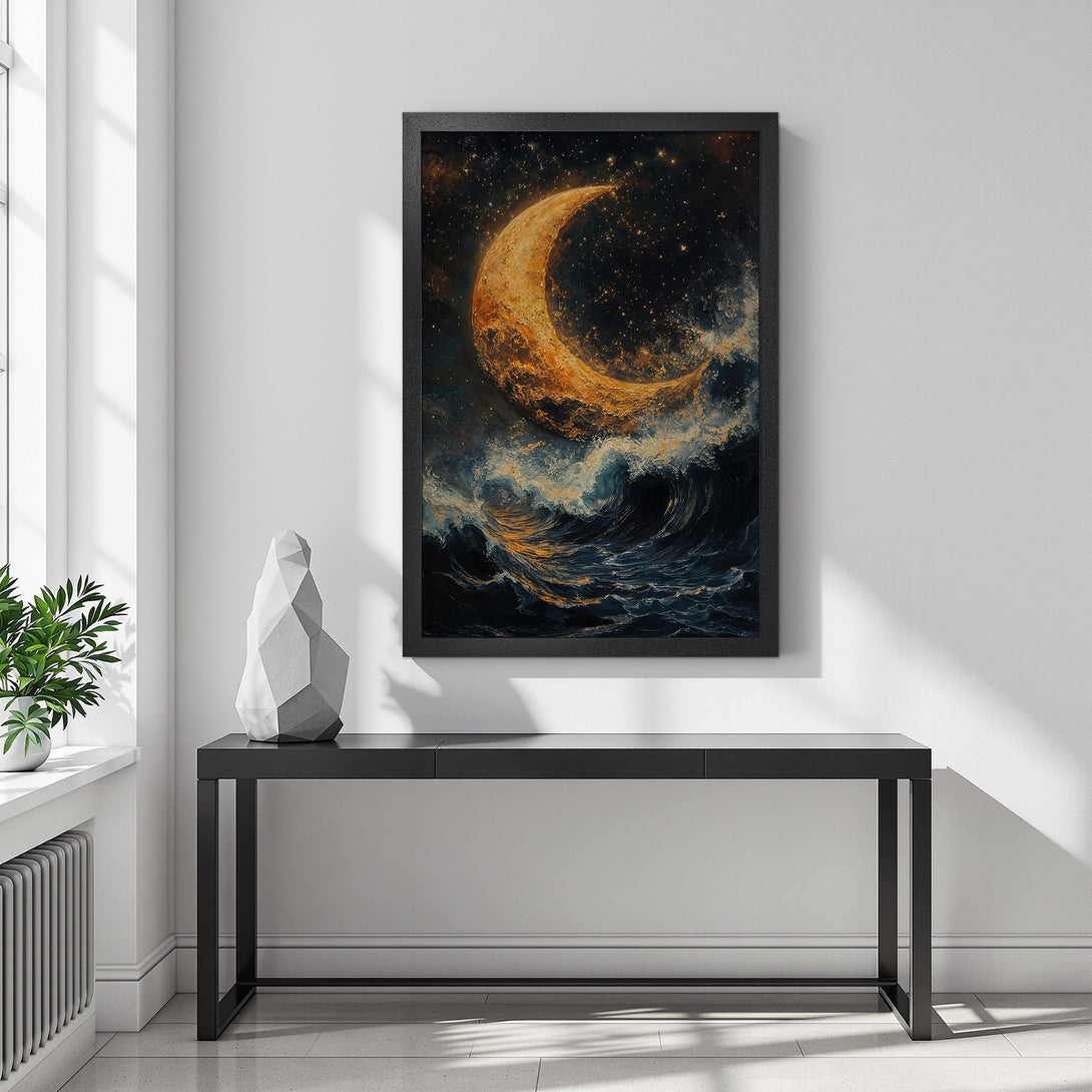 Framed Poster featuring a celestial moon over ocean waves. Artistic style with a dark, moody color palette of blues, golds, and blacks.