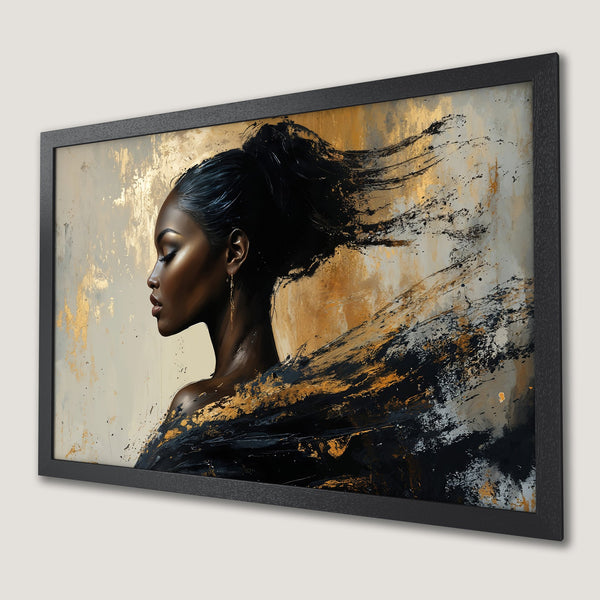 Framed Poster: Abstract portrait of a woman with black, gold, and neutral tones. Modern art for your home.