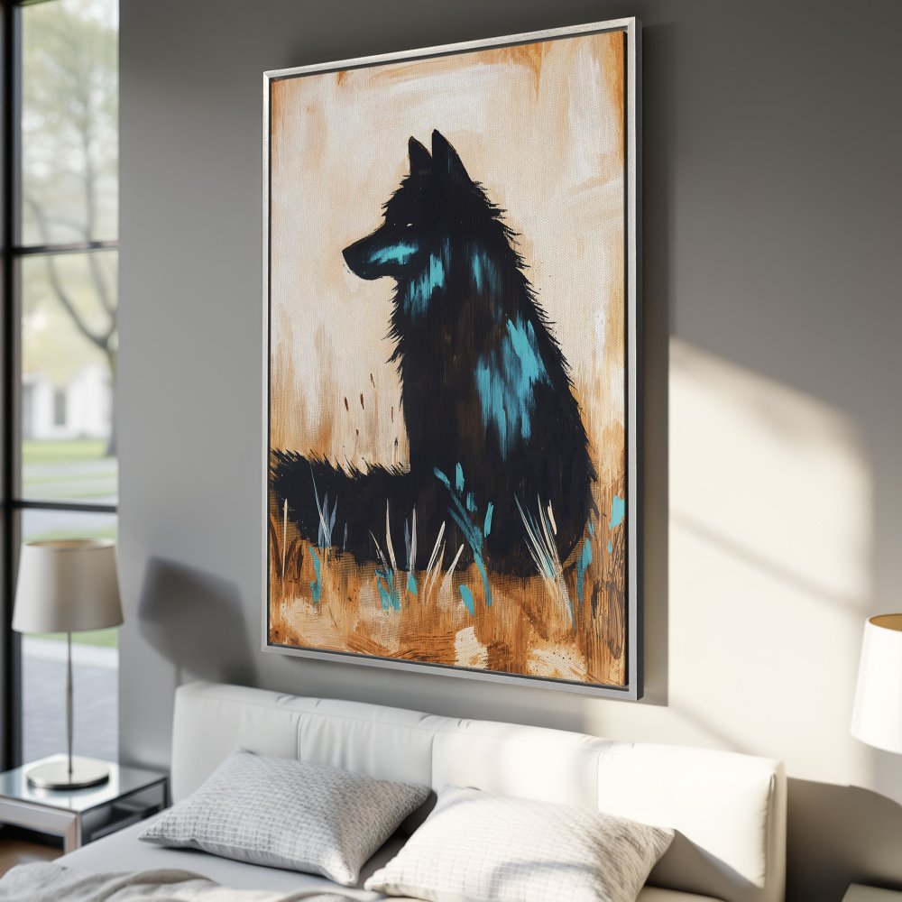 Framed Wall Art: Abstract wolf painting in black, teal, and brown tones. Modern canvas print for bedroom decor. Shop now!