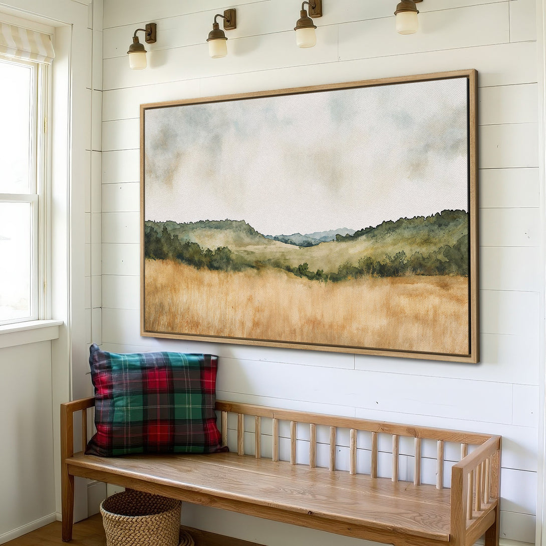 Framed Wall Art: Watercolor landscape in warm, earthy tones. Rustic style canvas print adds a touch of nature to any space.