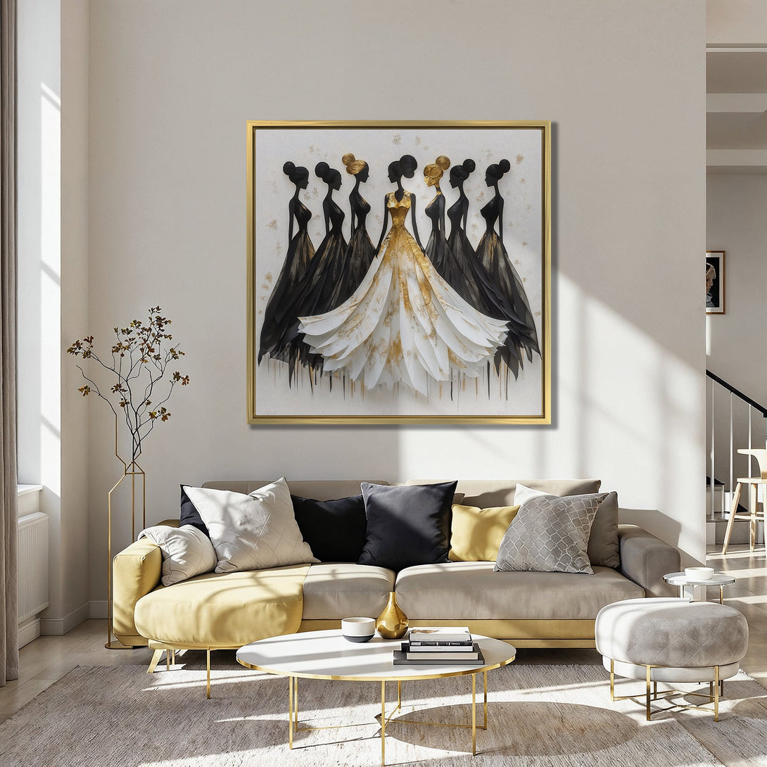 Canvas Print of elegant women in black and gold dresses, modern art style, against a blue wall.