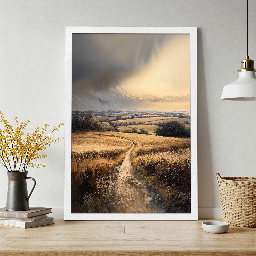 Framed Poster of a serene landscape painting with a path, warm golden tones, and a dramatic sky. Perfect wall art!