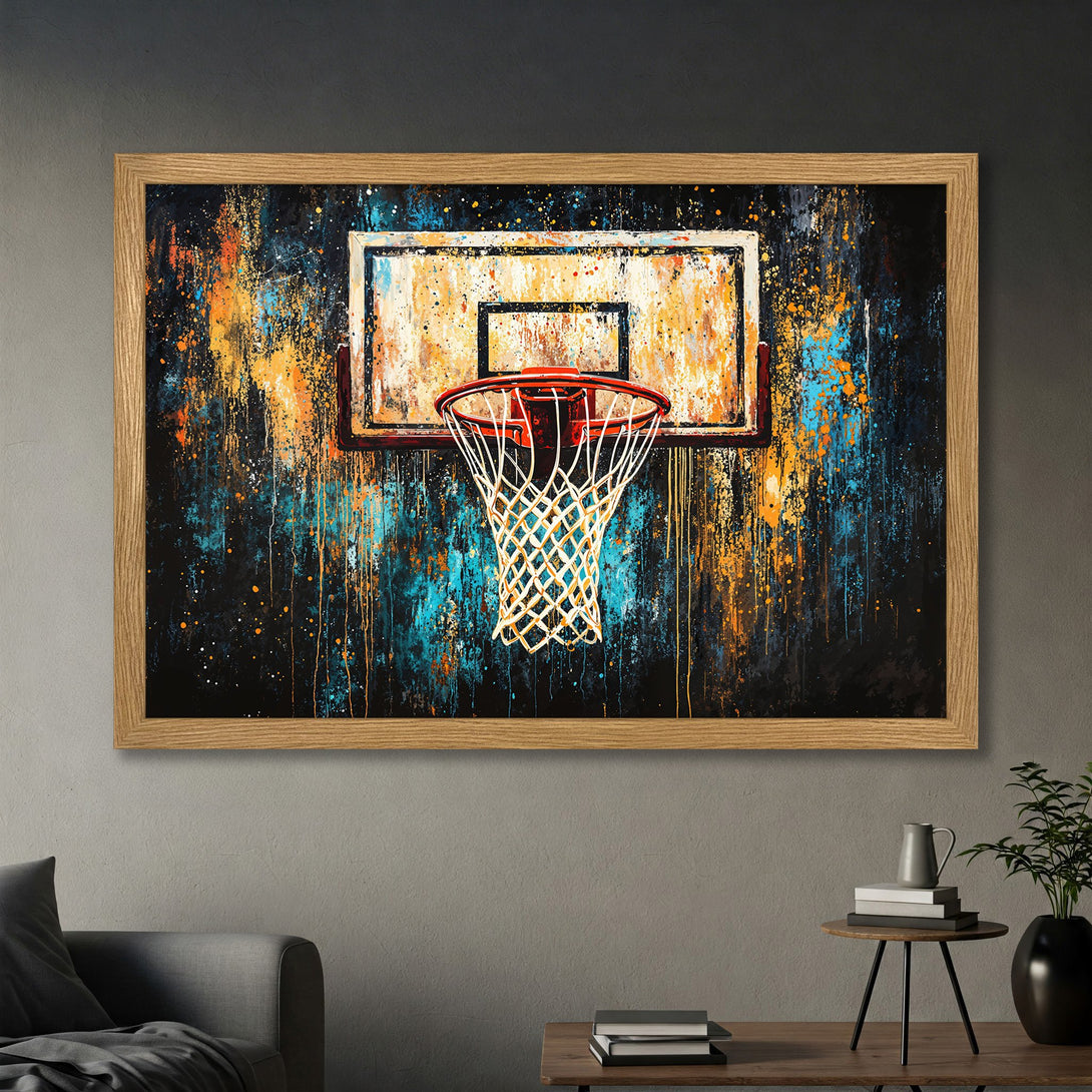 Framed Poster featuring a basketball hoop in an abstract style with a vibrant blue, orange, and black color palette. Perfect wall art!