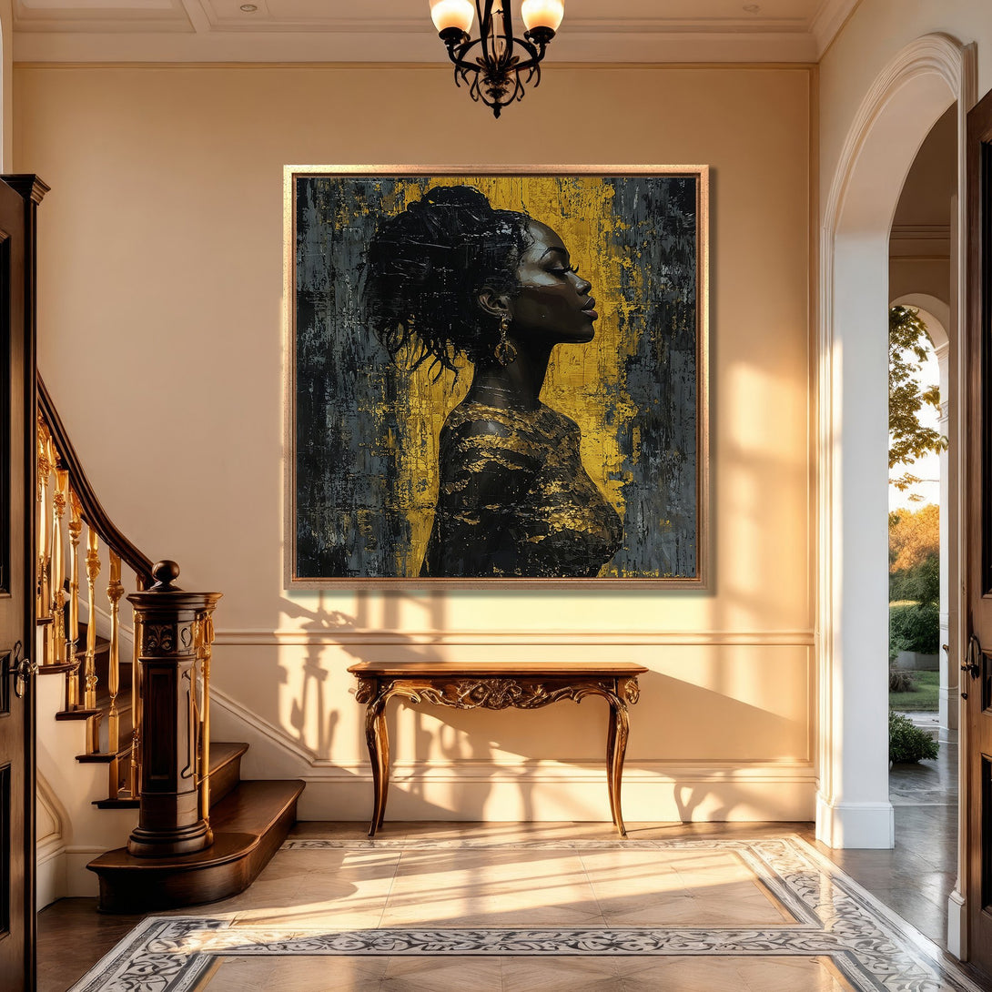 Framed Wall Art: Abstract portrait of a woman in black & gold. Modern art canvas print with a dark, luxurious color palette. Perfect home decor.