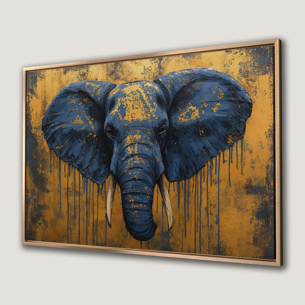 Framed Wall Art: Stunning elephant portrait in rich blue and gold. Modern abstract style Canvas Print perfect for adding a touch of luxury to your space.