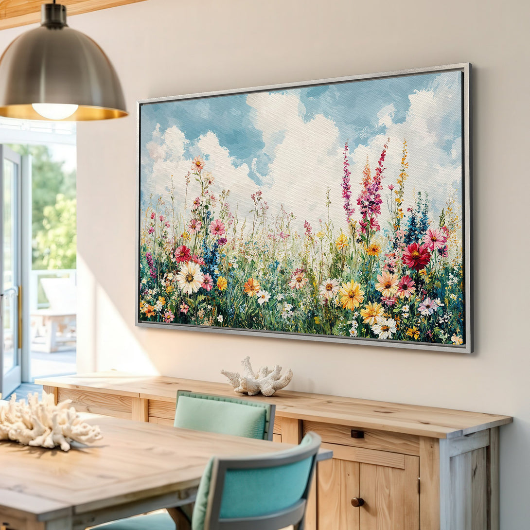 Framed Wall Art: Impressionistic floral meadow canvas print with vibrant colors. Adds a touch of nature and art to your home decor.