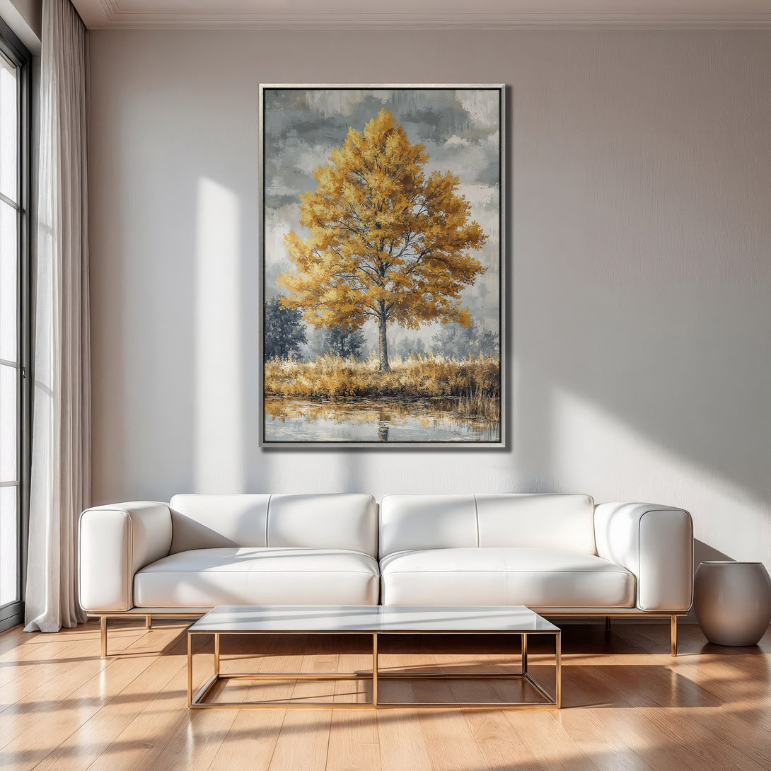 Framed Wall Art: Golden tree landscape painting. Neutral tones with a pop of gold, perfect for modern home decor. Enhance your living room!