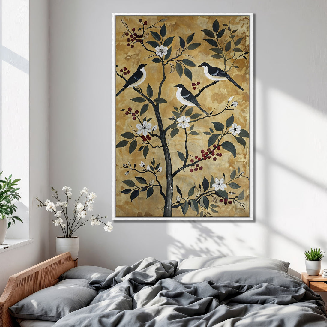 Framed Wall Art featuring birds on a tree. Earthy tones and a vintage style create a serene bedroom aesthetic. Shop our unique canvas prints today!