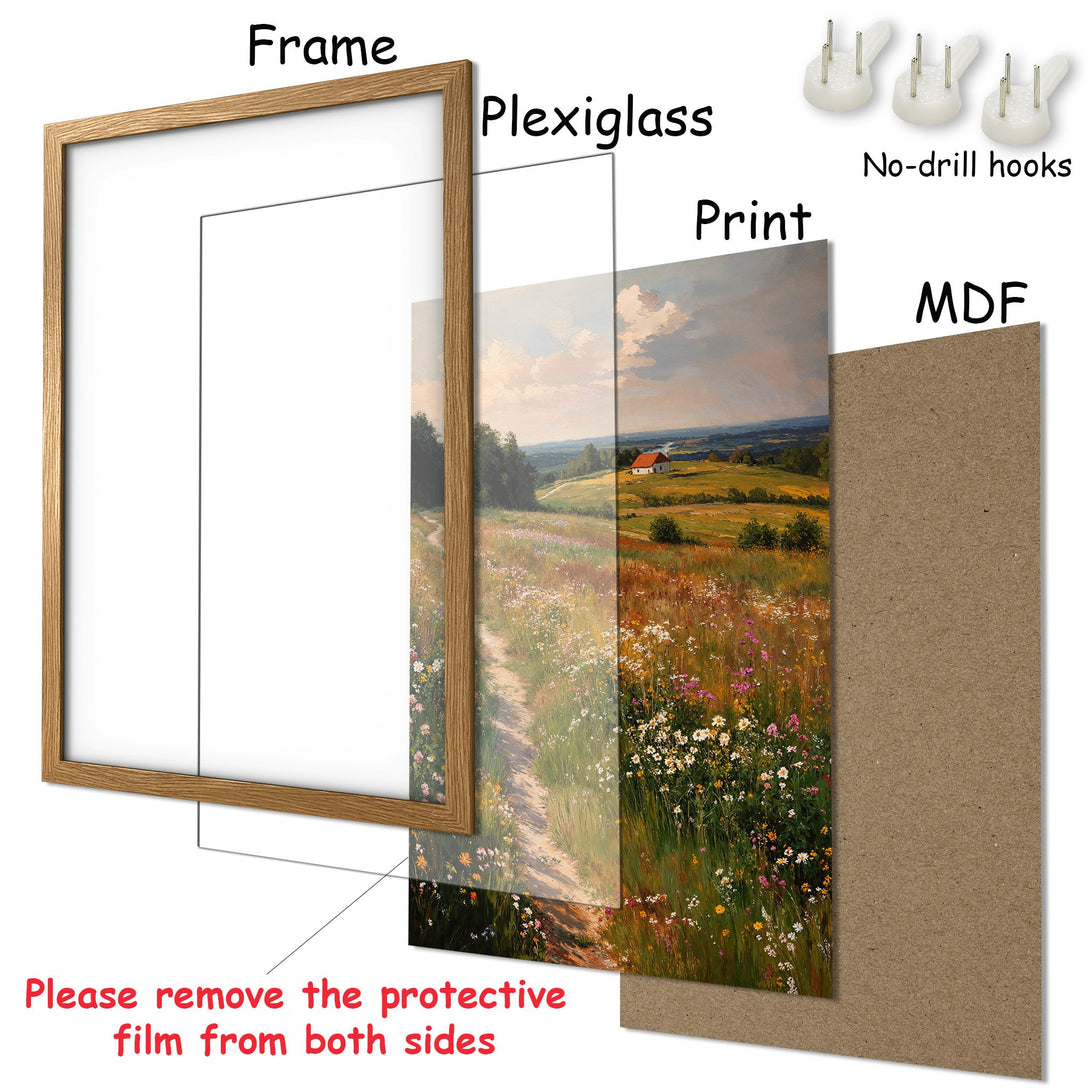 Framed Poster featuring a serene landscape painting with a warm, natural color palette. Perfect wall art for any room!