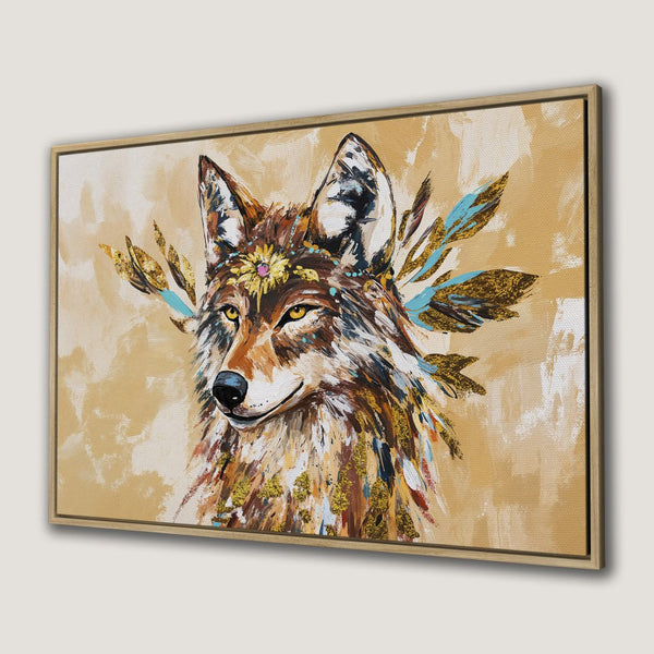 Framed Wall Art: Majestic wolf portrait in warm earth tones with gold accents. Add bohemian style to your home with this stunning canvas print.