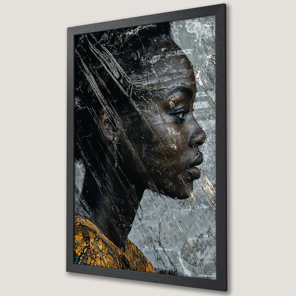 Framed Poster of a Black woman in a modern art style. Features a black, gray, and gold color palette, perfect for home decor.