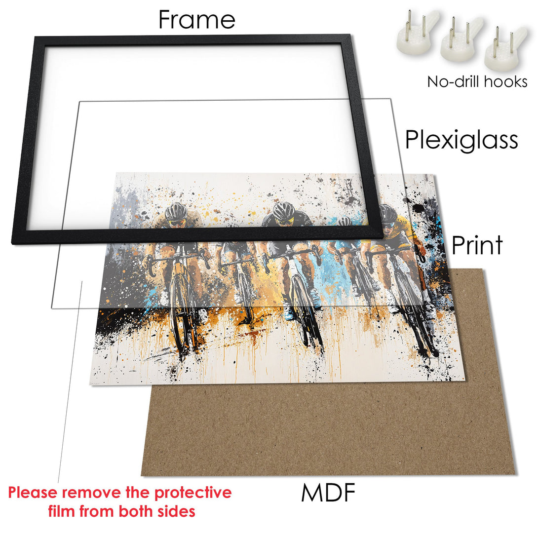 Framed Poster of cyclists in abstract style, featuring a black frame, with a white, gold, and blue color palette. Ready to hang!