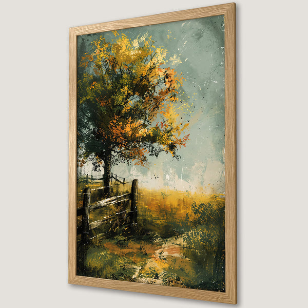 Framed Poster of a tree and fence in an abstract style with a warm, earthy color palette. Perfect wall art for your home!