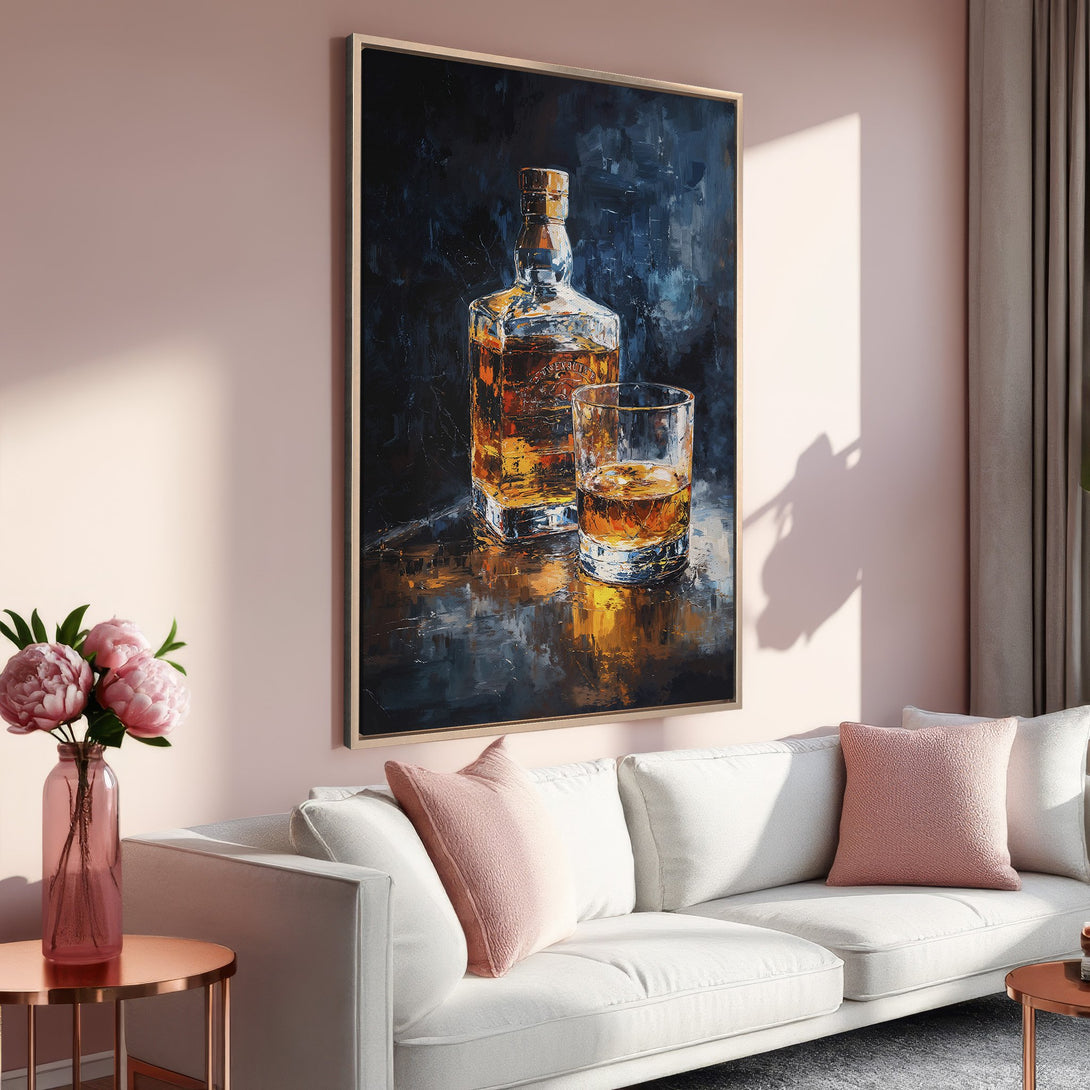 Framed Wall Art: Whiskey bottle and glass painting in a modern, impressionistic style. Featuring a warm, inviting color palette of gold, black, and brown.