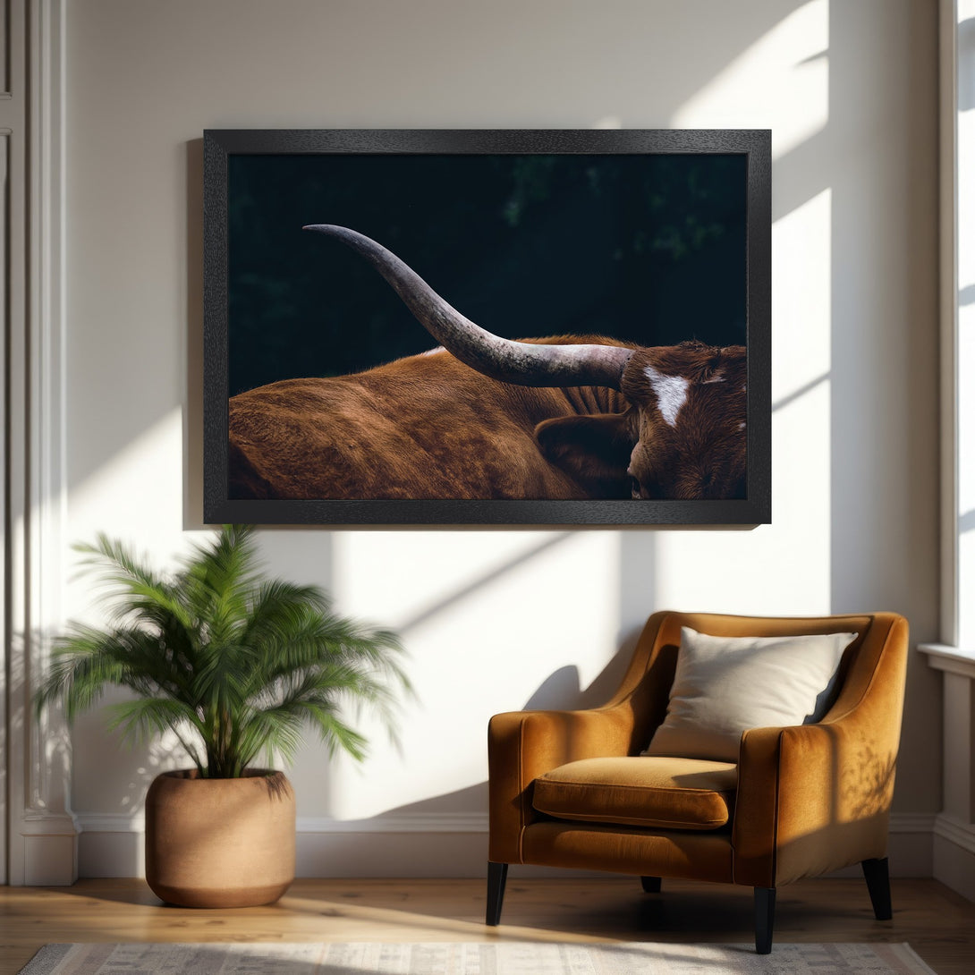 Framed Poster featuring a close-up of a longhorn. Warm, rustic tones in a modern, elegant style. Perfect wall art!