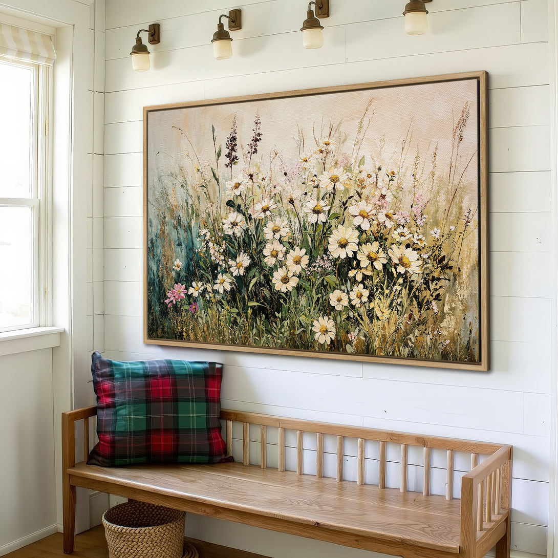 Framed Wall Art: Beautiful floral canvas print in a rustic interior. Featuring a soft, warm color palette with white, yellow, and green tones. Perfect home decor!
