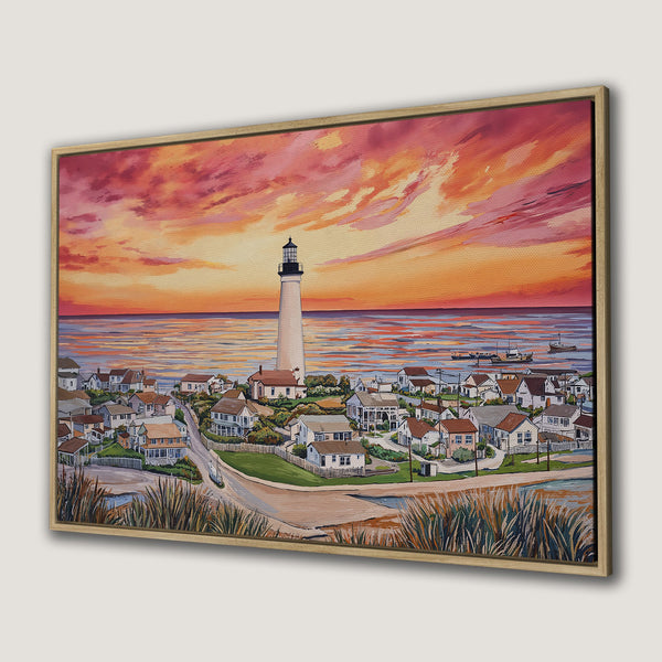 Framed Wall Art: Coastal town landscape Canvas Print with lighthouse, warm sunset colors. Perfect wall decor for a cozy, inviting space.