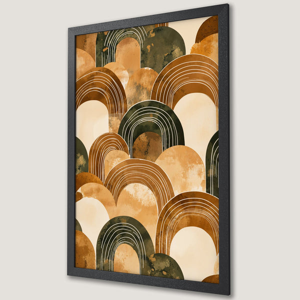 Framed Poster featuring abstract arch design in earthy tones. Modern art print for home decor.