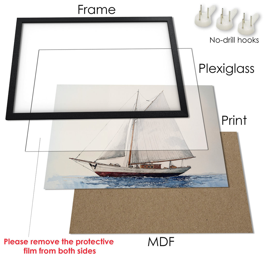 Framed Poster of a sailboat in watercolor style, featuring a serene blue and neutral color palette. Perfect nautical art!