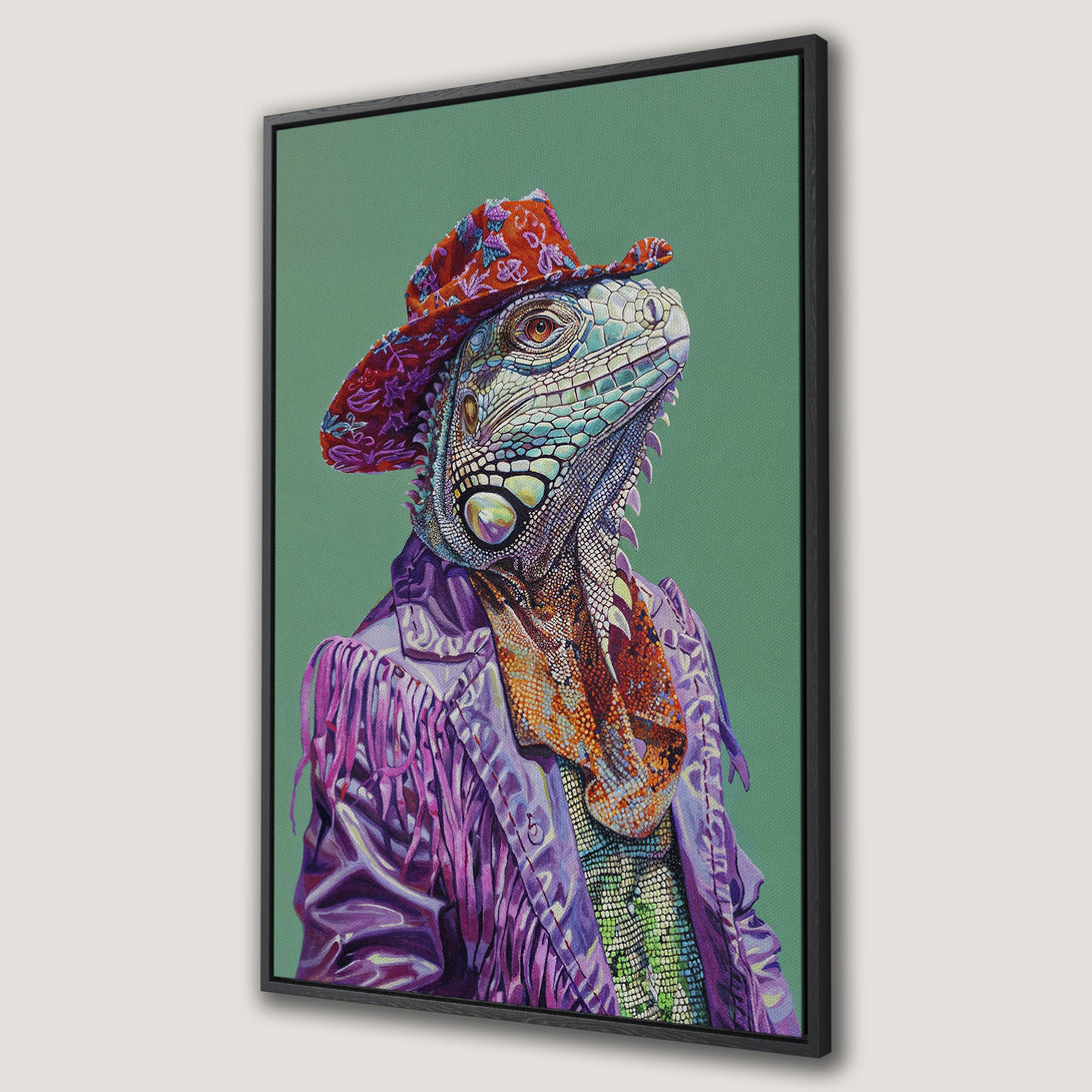 Framed Wall Art featuring a quirky iguana portrait in a vibrant purple and red palette. Unique canvas print for a statement piece in any room.