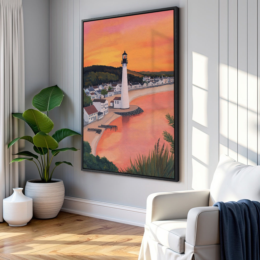 Framed Wall Art: Coastal lighthouse scene in warm sunset hues. Adds a touch of serenity and style to any space with its vibrant orange and pink palette.