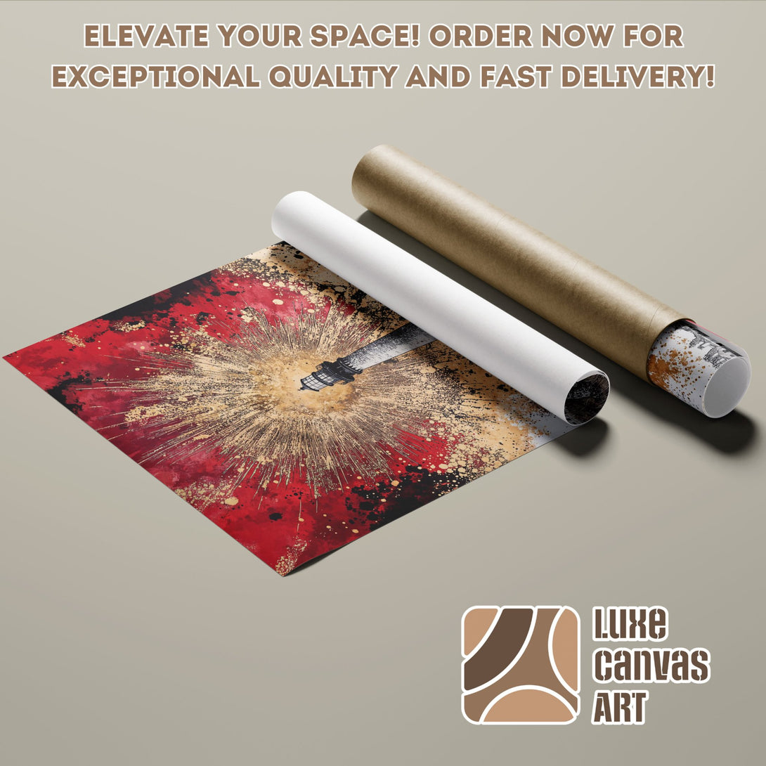 Abstract art poster roll with red, gold, and black color palette. Elevate your space with Luxe Canvas Art!