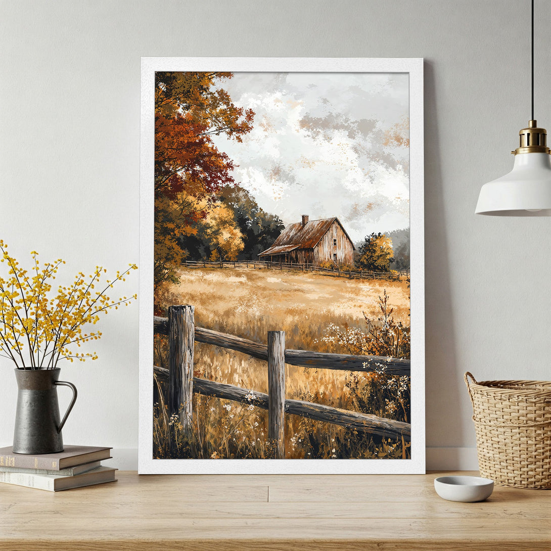 Framed Poster of a rustic barn scene in a warm, earthy color palette. Perfect for adding a touch of farmhouse charm to your home.