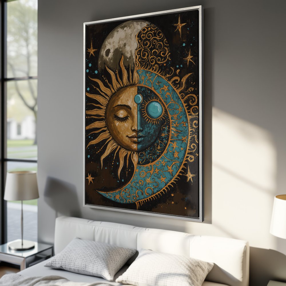 Framed Wall Art: Celestial sun and moon design in teal, gold, and brown. Boho style canvas print perfect for bedroom decor.