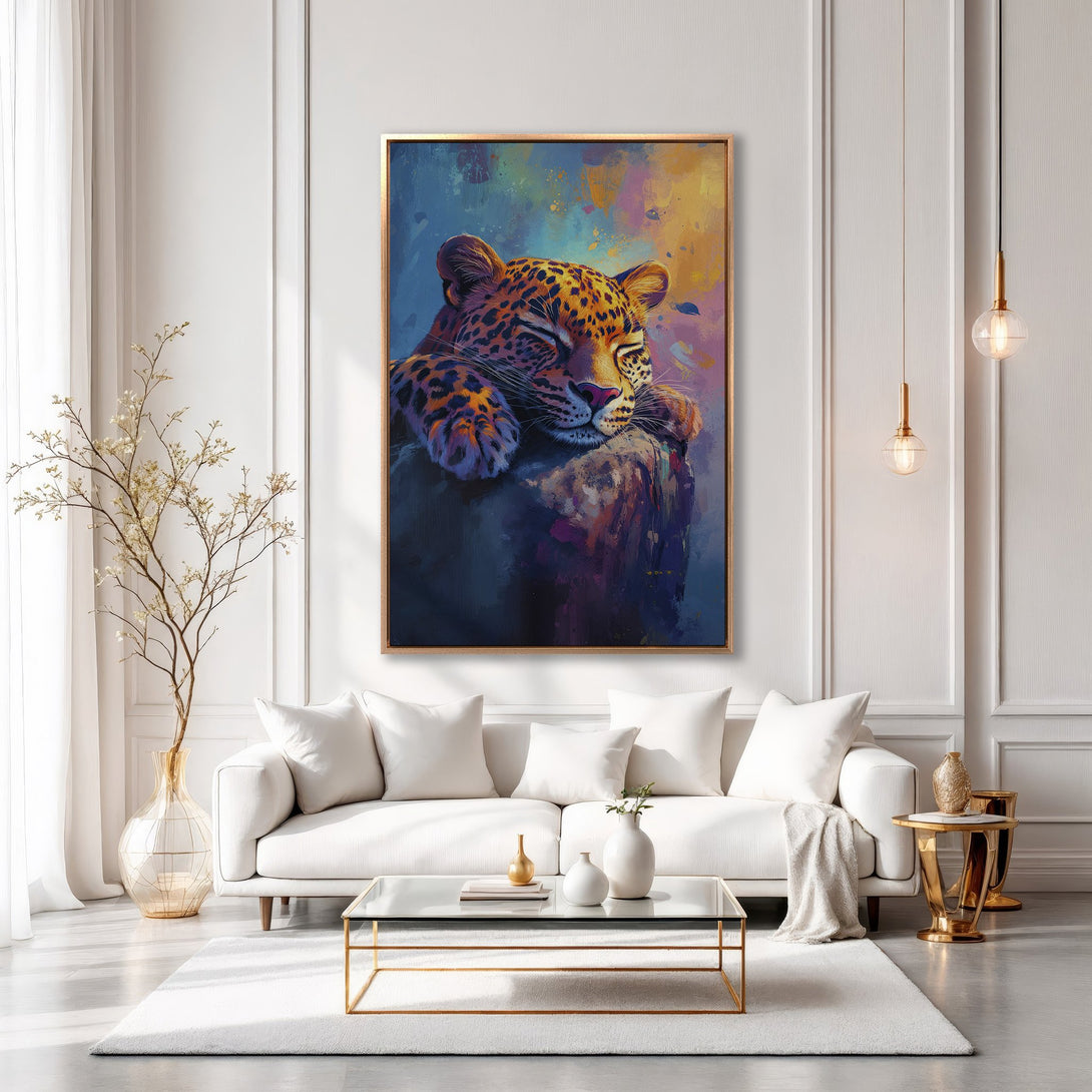 Framed Wall Art: Relaxing leopard portrait in vibrant, painterly style with warm orange and cool blue tones. Perfect for adding a touch of elegance to any space.