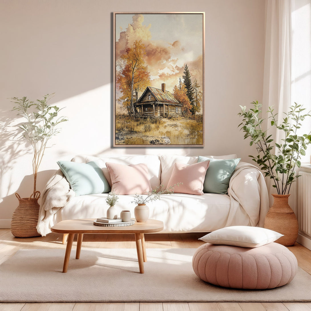 Framed Wall Art: Rustic cabin landscape in warm autumn tones. Perfect for adding a cozy, inviting touch to your living room. Shop now!