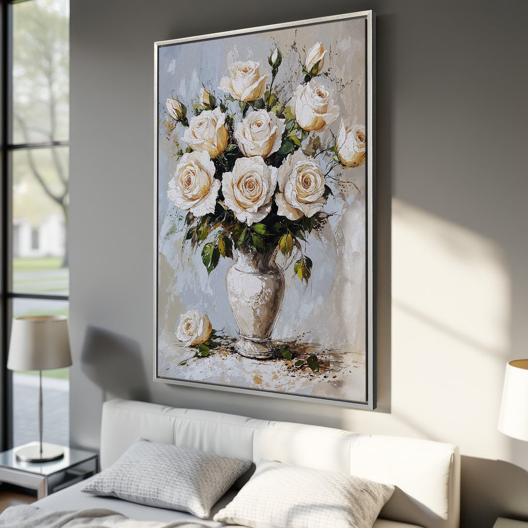 Framed Wall Art: Elegant floral Canvas Print featuring white roses in a vase. Soft, neutral color palette adds a touch of sophistication to any space.