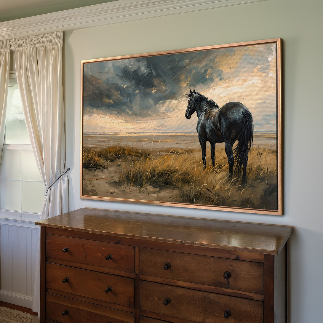 Framed Wall Art: Dramatic horse painting in moody blues and golds. Perfect for adding a touch of elegance to your home decor.
