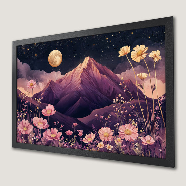 Framed Poster of a mountain landscape with flowers, moon, and stars. Watercolor style, purple and pink color palette.