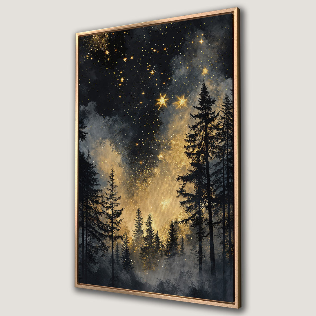 Framed Wall Art: Stunning forest scene Canvas Print with starry night sky, gold and black color palette. Perfect for adding a touch of magic to your space!