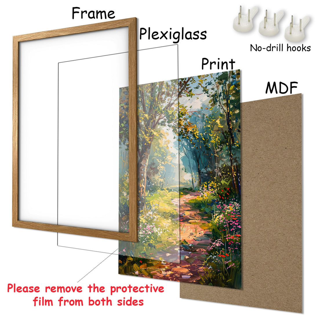 Framed Poster: Impressionist forest scene with vibrant greens, yellows, and reds. Ready to hang art for your home decor.