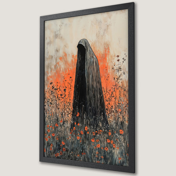 Framed Poster featuring a mysterious figure in black, surrounded by orange flowers, in a modern, artistic style. Earthy tones and striking contrast.