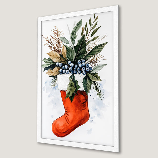 Framed Poster featuring watercolor Christmas stocking with greenery and berries. Warm red, green, and neutral tones, perfect holiday decor.
