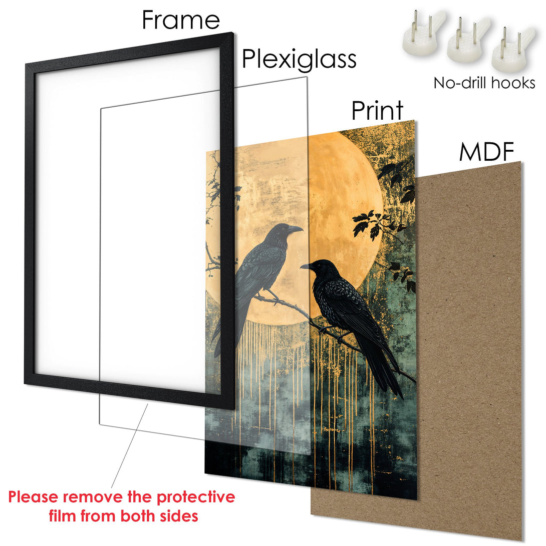 Framed Poster featuring two black ravens on a branch, with a golden moon backdrop. Artistic style, teal and gold color palette. Ready to hang!