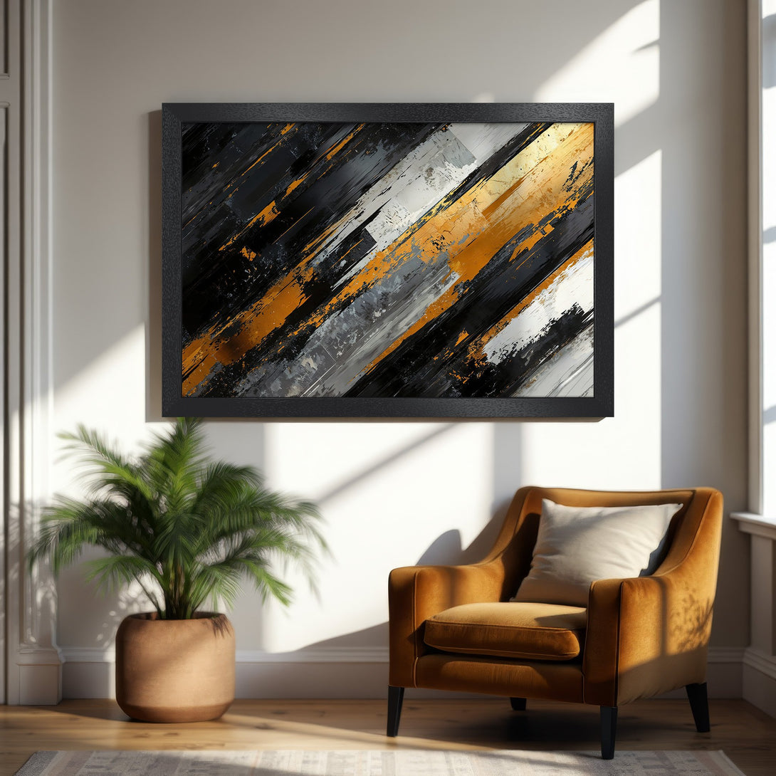 Framed Poster: Abstract art in black, gold, and gray. Modern style, perfect for home decor. Enhance your space with this stylish poster.