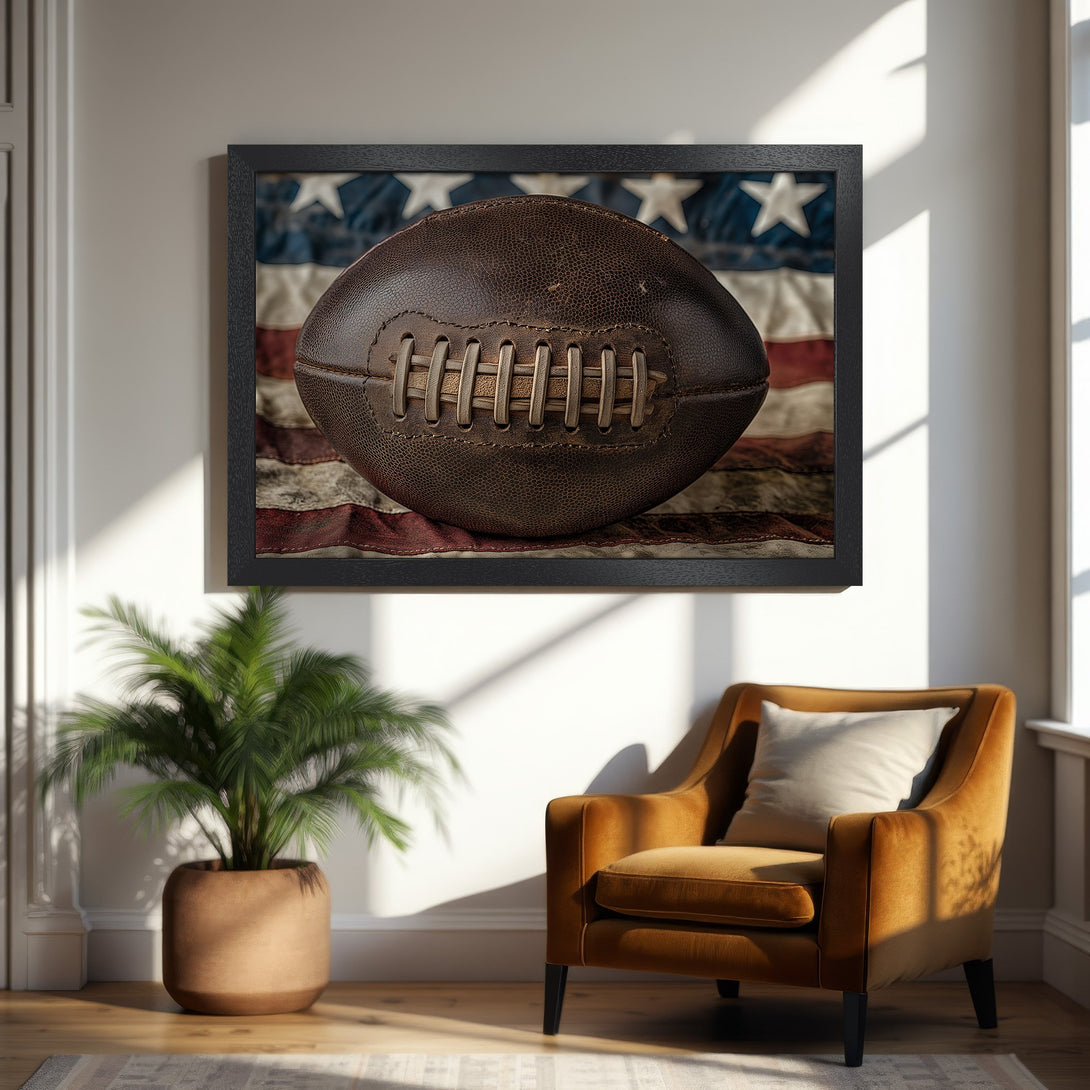 Framed Poster featuring a vintage football against the American flag. Rustic style, warm brown and blue color palette. Perfect for sports fans!