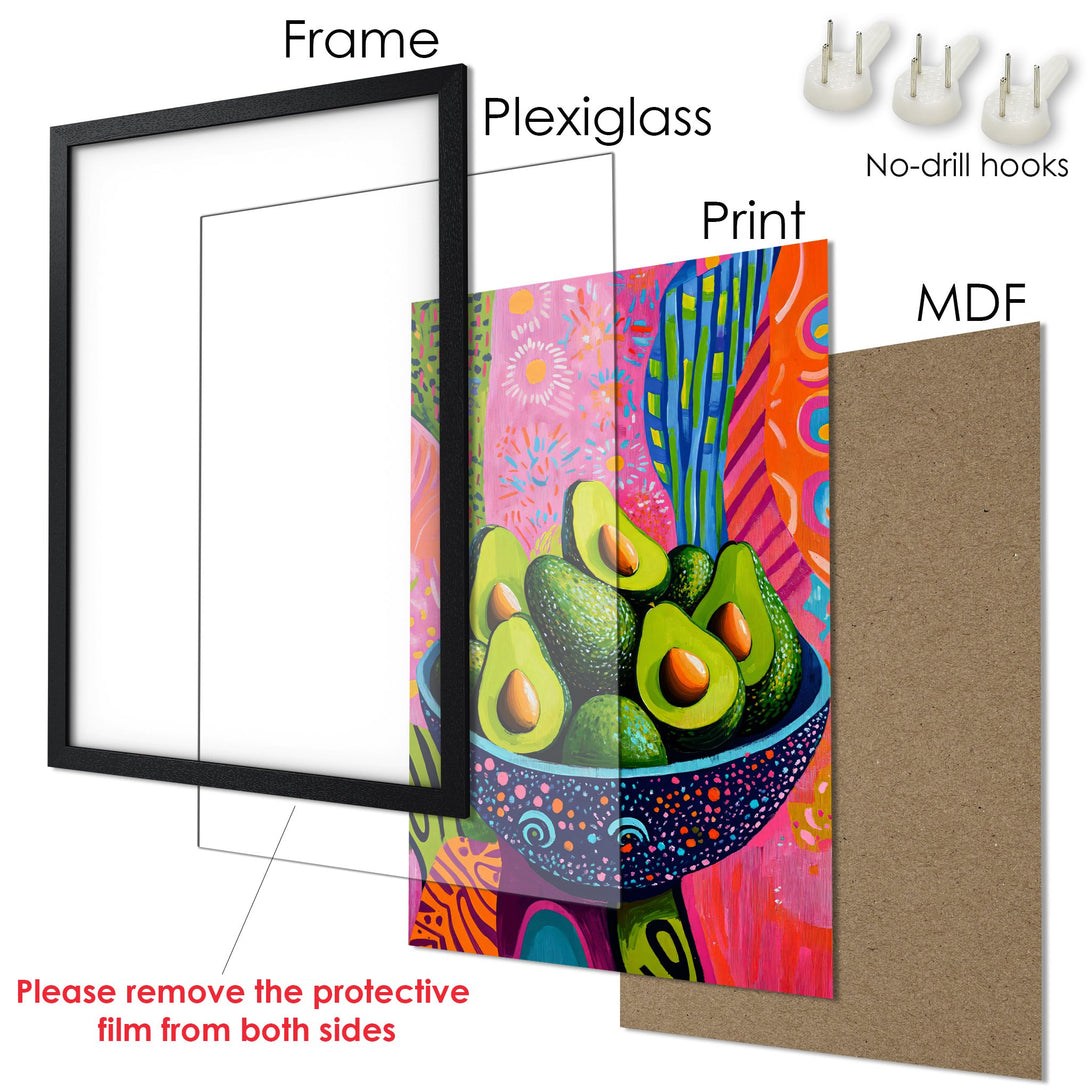 Framed Poster featuring vibrant avocado art in a colorful, modern style. Perfect kitchen decor! Get your own art poster today.