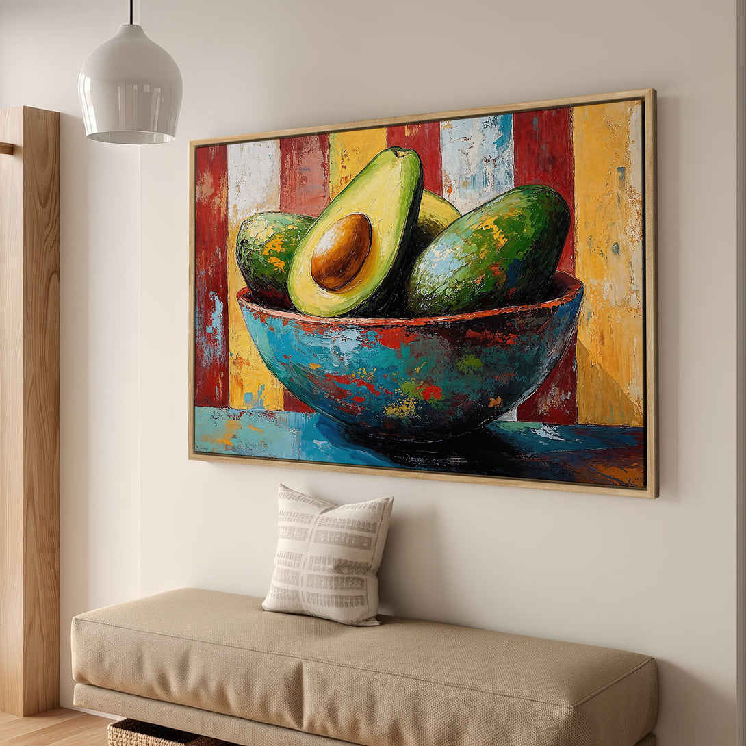 Framed Wall Art: Vibrant avocado still life painting in a modern style with a colorful, textured palette. Perfect kitchen decor!