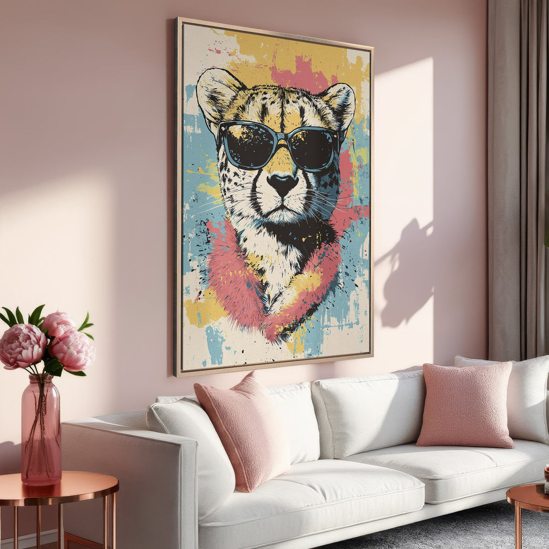 Framed Wall Art: Cool cheetah wearing sunglasses, pop art style. Colorful print with pink, blue, and yellow accents. Perfect for modern home decor.