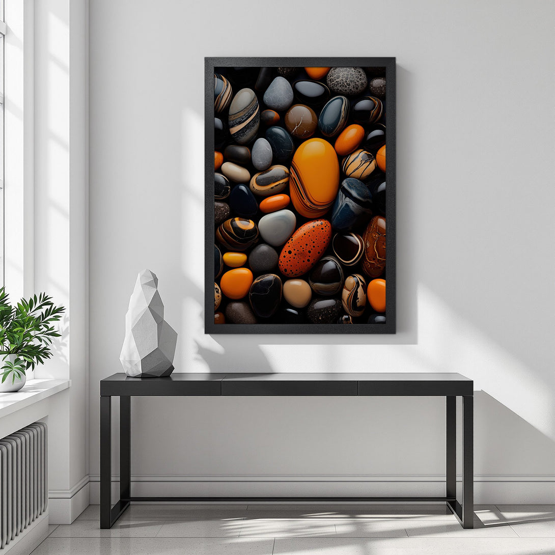 Framed Poster featuring a close-up of colorful, polished stones. Earthy tones of orange, brown, and black create a stylish, modern art piece.