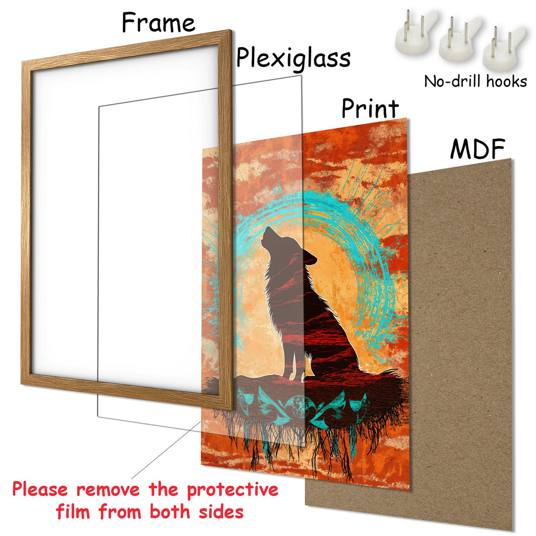 Framed Poster featuring a howling wolf silhouette in a vibrant orange, teal, and red color palette. Perfect wall art for any space!
