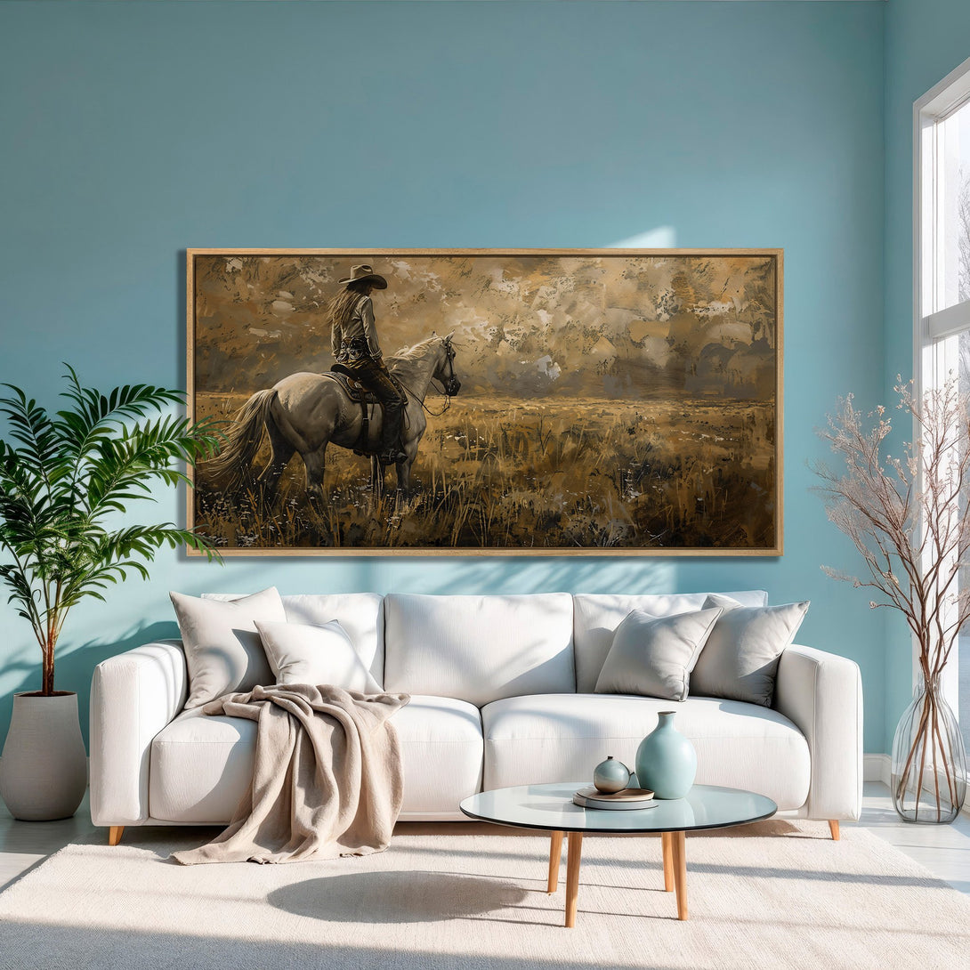 Framed Wall Art featuring a cowboy on horseback in a warm, earthy palette. Rustic art adds a touch of the wild west to any decor.