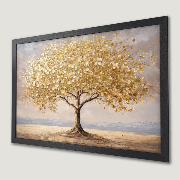 Framed Poster of a golden tree painting in a desert landscape. Warm, neutral color palette, perfect for home decor.